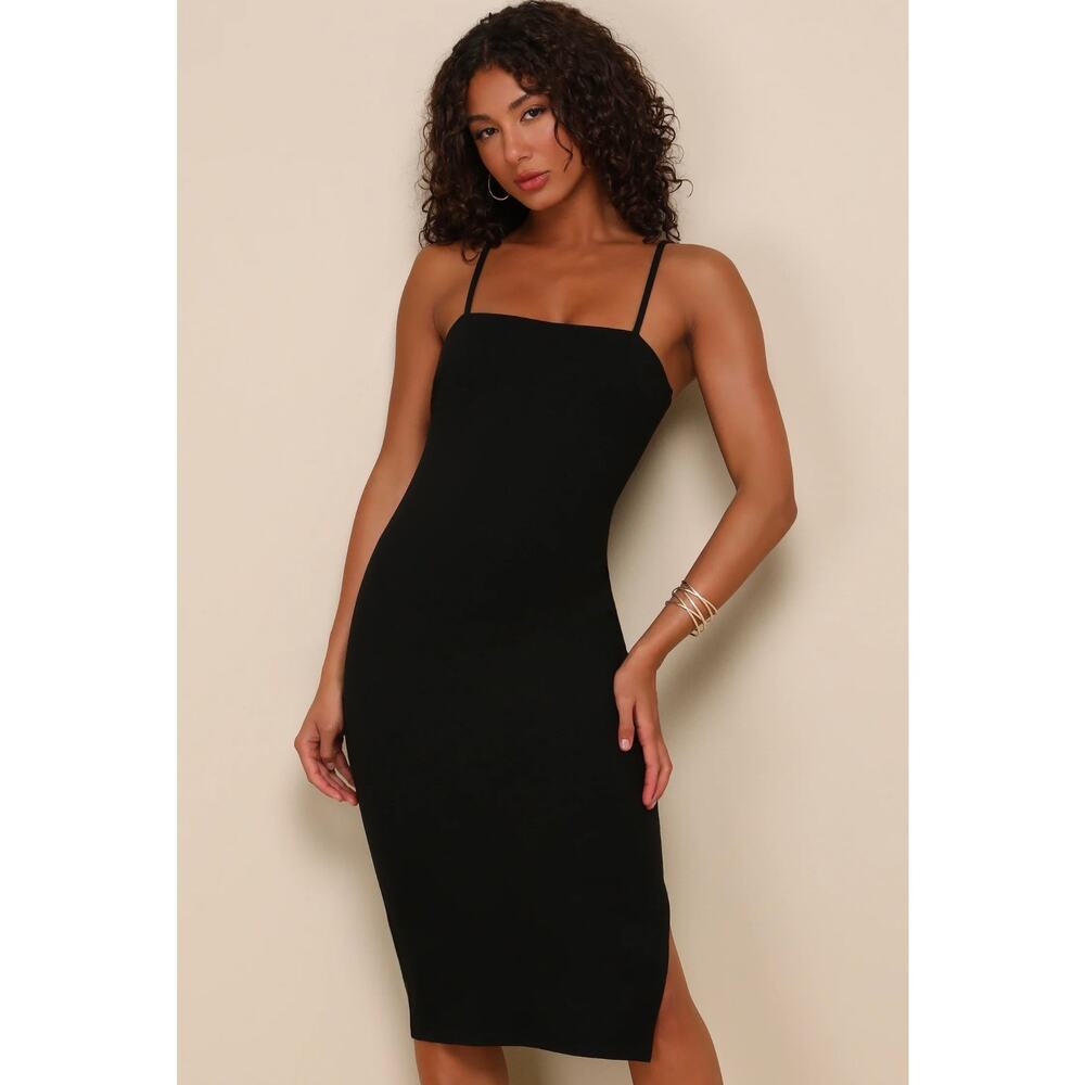 Lulus Paulina Black Bodycon Midi Dress Black Cocktail Event Size Womens Medium